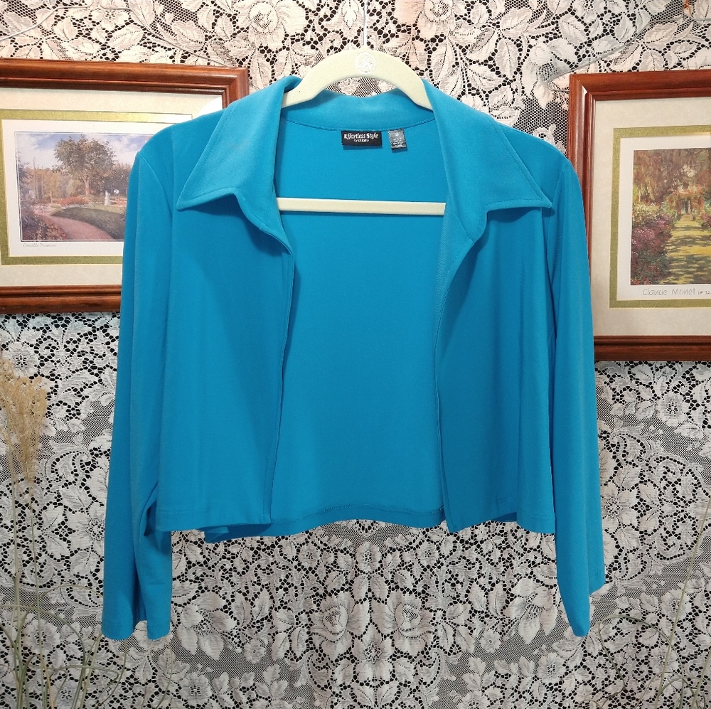 Effortless Style blue open front cardigan crop cover up sweater lightweight thin
